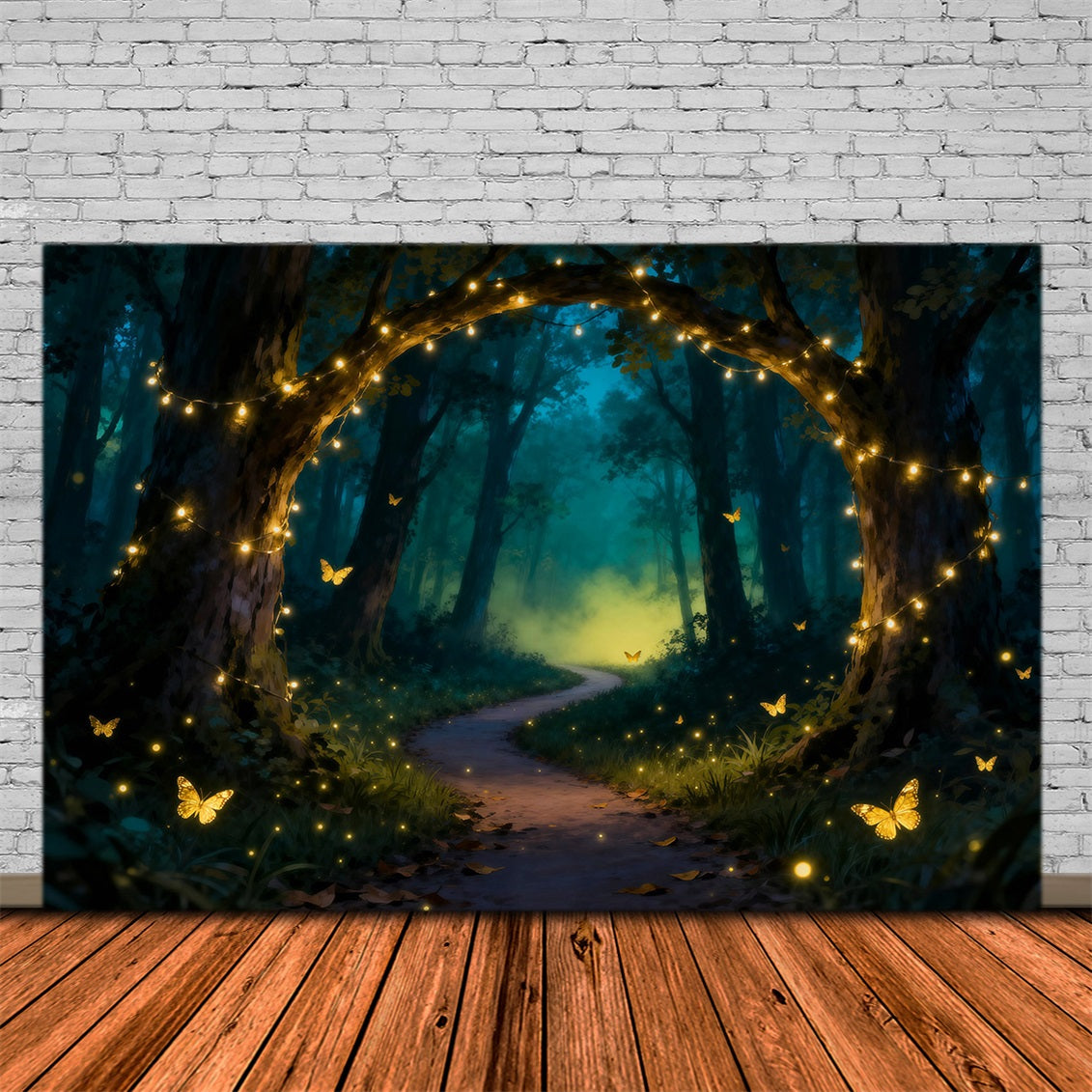 Hintergrund mit verzaubertem Wald-Motiv, goldener Lichtbogen, Schmetterlings-Traumweg, Wald-Hintergrund RR63-140