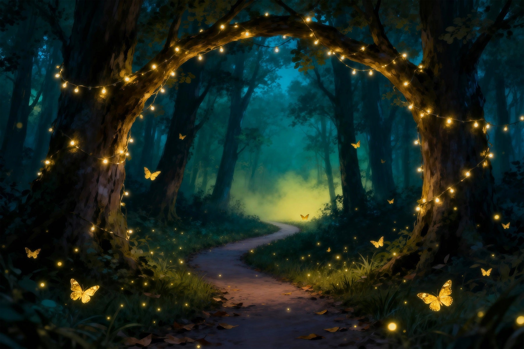 Hintergrund mit verzaubertem Wald-Motiv, goldener Lichtbogen, Schmetterlings-Traumweg, Wald-Hintergrund RR63-140