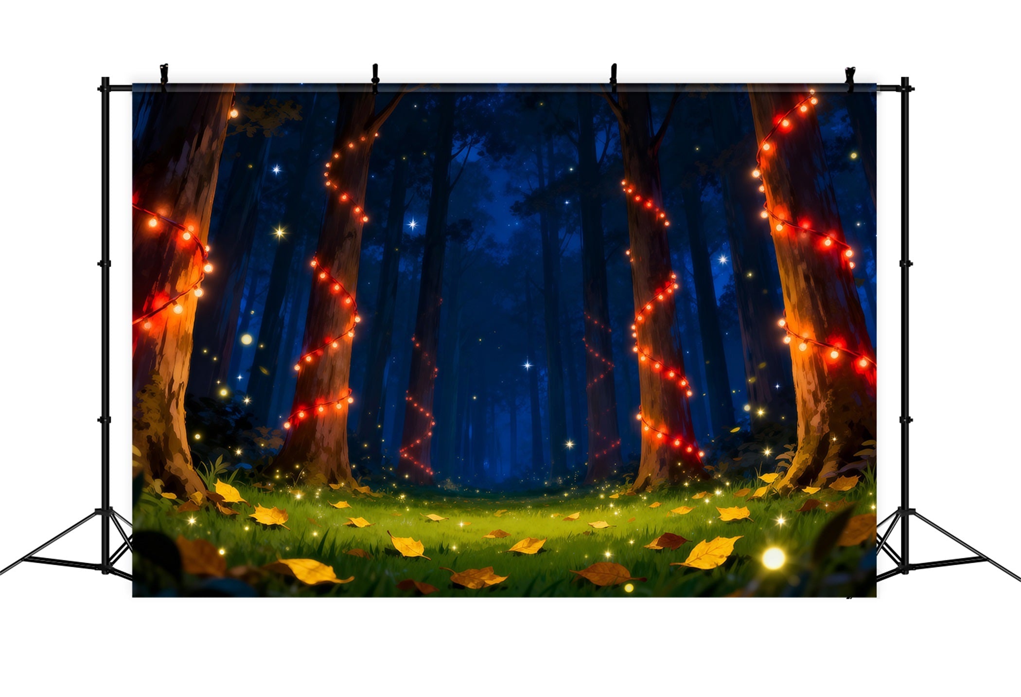 Hintergrund „Verzauberter Wald“, rote Lichterkette, nachts leuchtende Bäume, Nachtwald-Hintergrund RR63-141