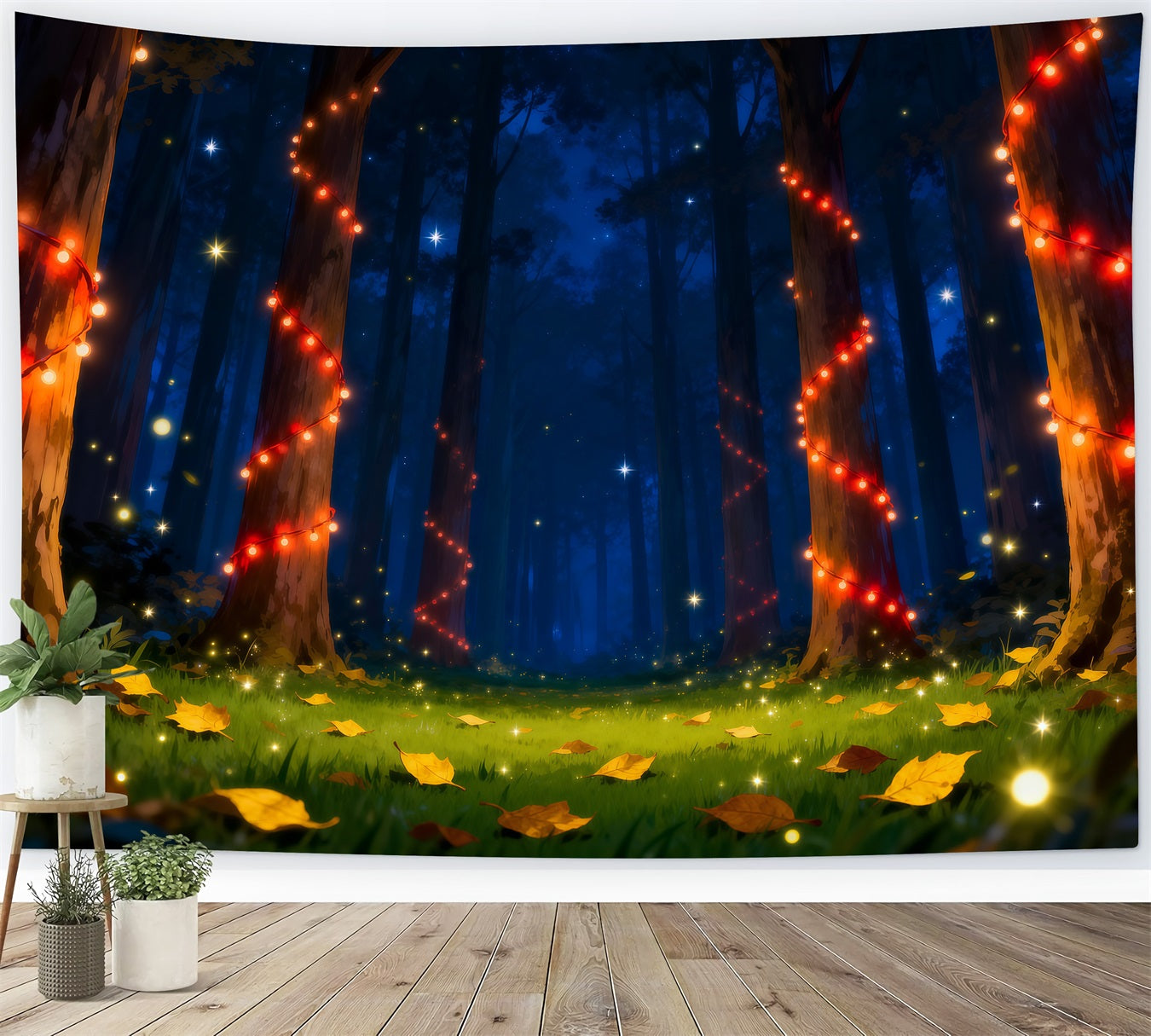 Hintergrund „Verzauberter Wald“, rote Lichterkette, nachts leuchtende Bäume, Nachtwald-Hintergrund RR63-141