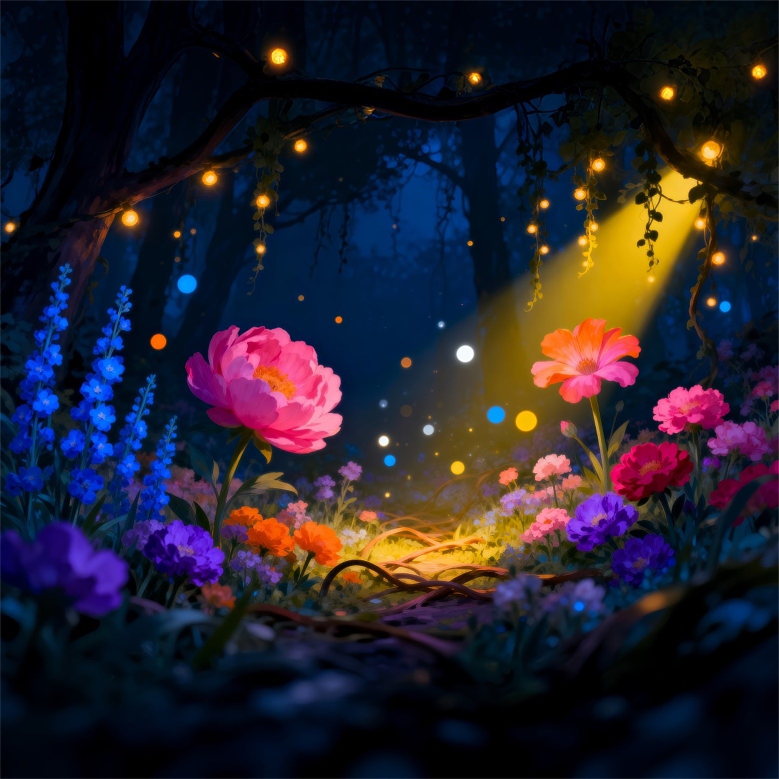 Wald-Hintergrund, leuchtender Wildblumengarten, Traumlicht, gruseliger Wald-Hintergrund RR63-142