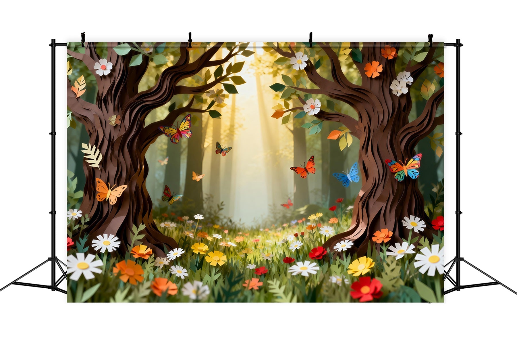 Wald-Hintergrund: Cartoon-Papierausschnitte, Blumen, Schmetterlinge, Wald, Märchenwald-Hintergrund RR63-143