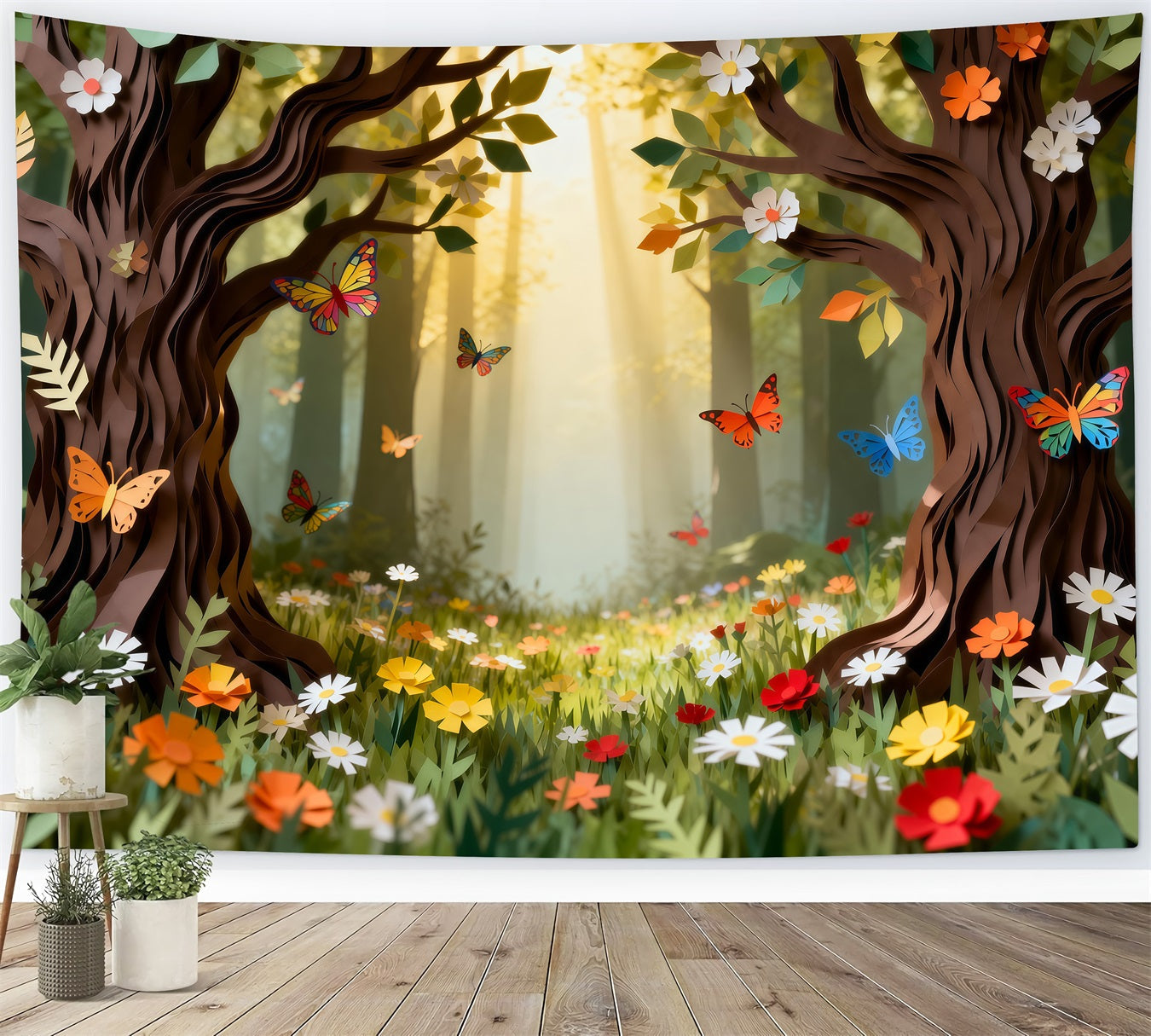 Wald-Hintergrund: Cartoon-Papierausschnitte, Blumen, Schmetterlinge, Wald, Märchenwald-Hintergrund RR63-143