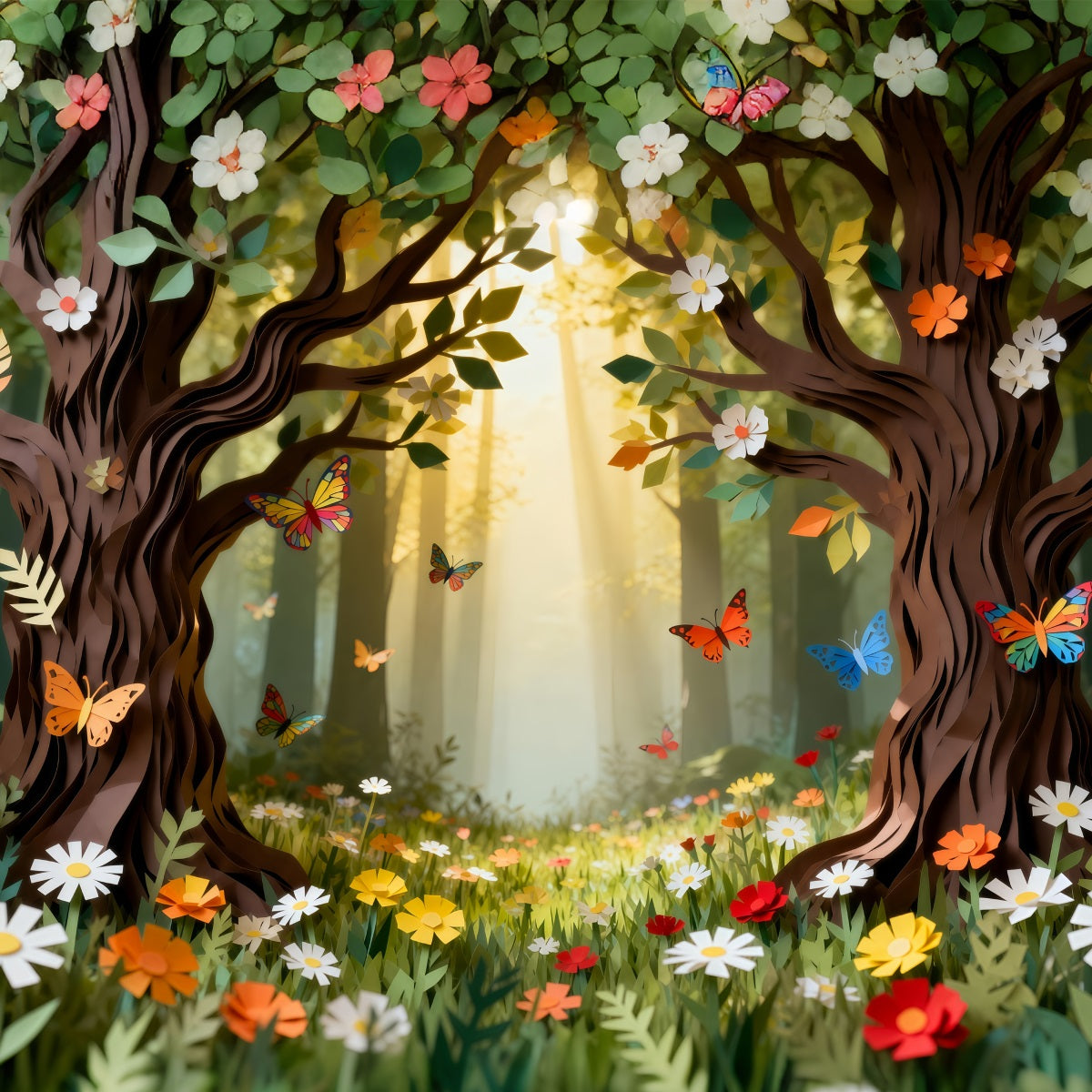 Wald-Hintergrund: Cartoon-Papierausschnitte, Blumen, Schmetterlinge, Wald, Märchenwald-Hintergrund RR63-143