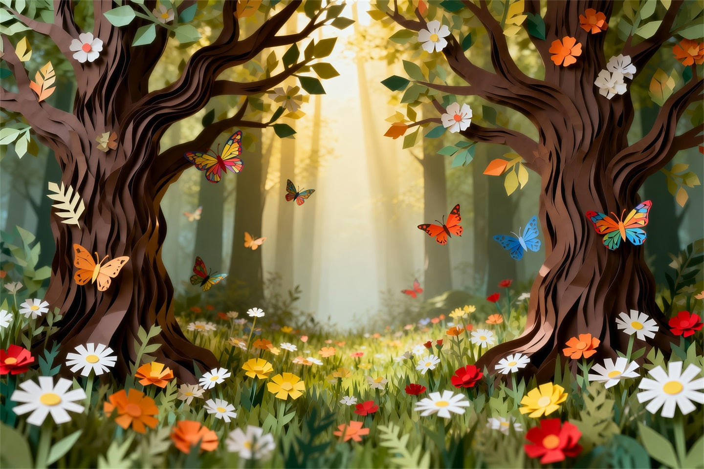 Wald-Hintergrund: Cartoon-Papierausschnitte, Blumen, Schmetterlinge, Wald, Märchenwald-Hintergrund RR63-143