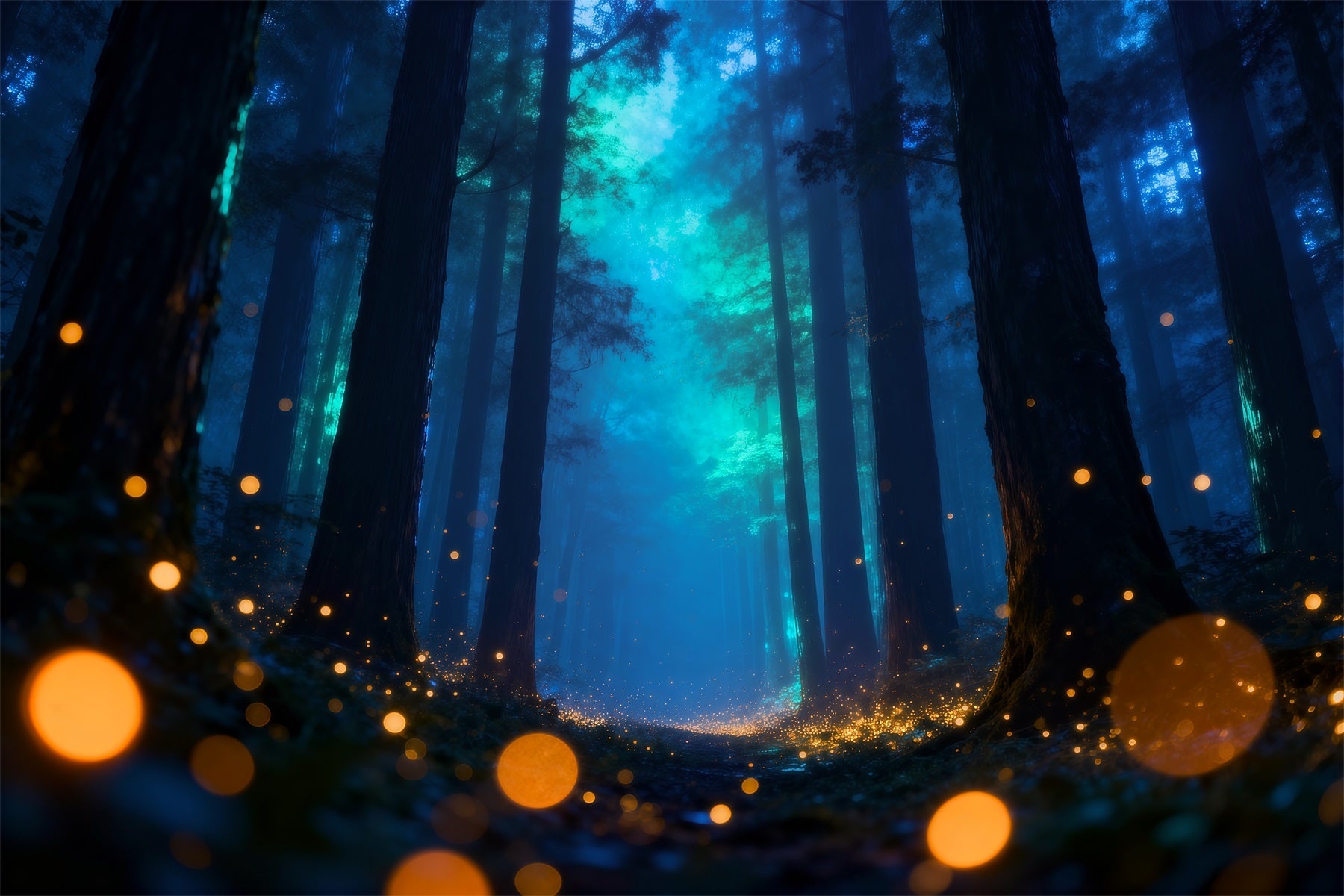 Dämmerungswald-Hintergrund: Mystischer blauer Nebel, Glühwürmchen, Nachtwald-Hintergrund RR63-144
