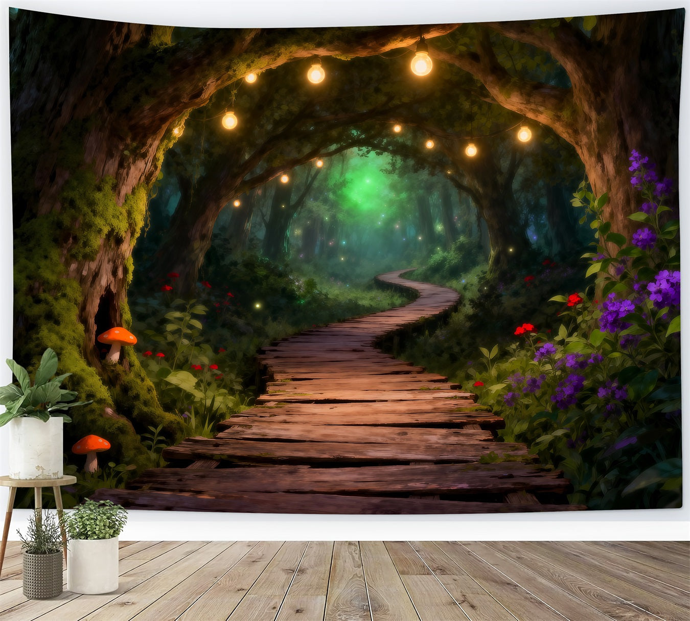 Wald-Hintergrund Leuchtende Lichterkette Holzpfad-Tunnel-Hintergrund Verzauberter Wald RR63-146