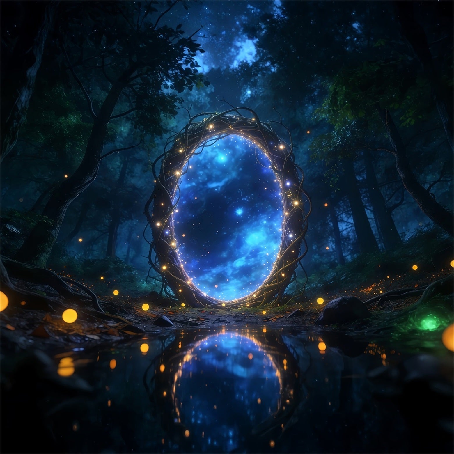 Ideen für Waldkulissen: Mystisches Lichtportal, sternenklarer Spiegelteich, Wald-Fotokulisse RR63-162
