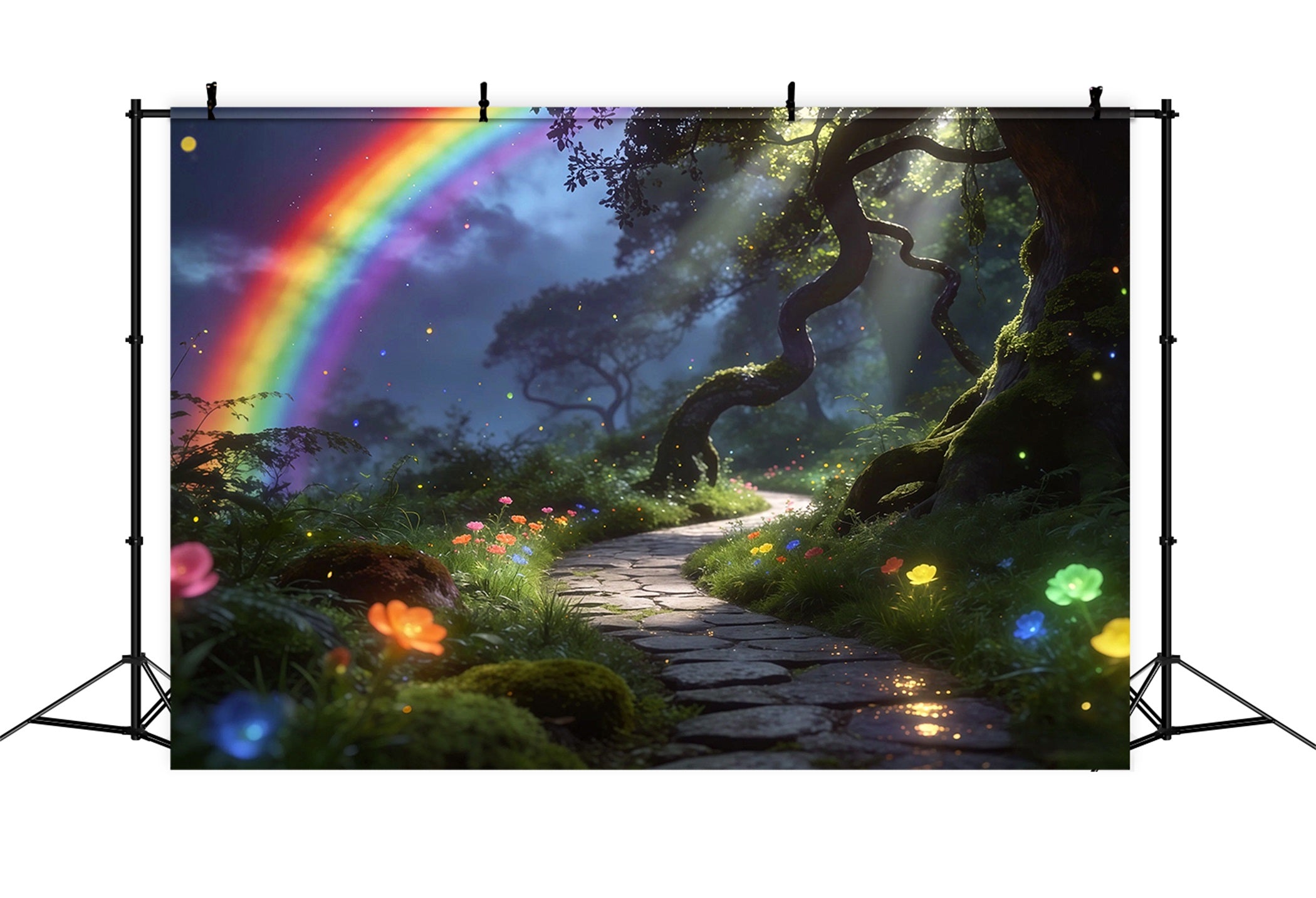 Zauberwald-Hintergrund: Regenbogenhimmel, Waldweg, Traumhaftes Leuchten – Wald-Fotohintergründe RR63-169