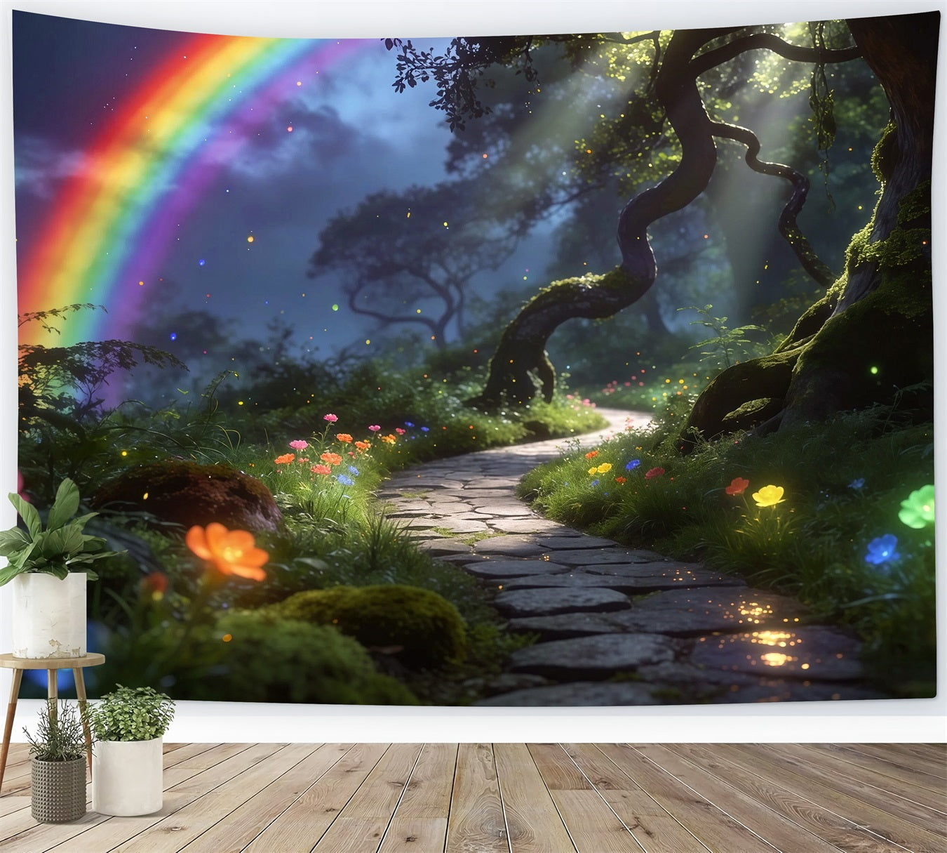 Zauberwald-Hintergrund: Regenbogenhimmel, Waldweg, Traumhaftes Leuchten – Wald-Fotohintergründe RR63-169