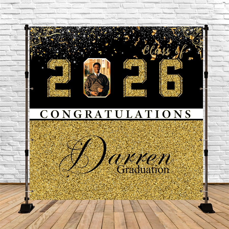 Abschlussfeier-Hintergrund: Schwarz-Gold-Glitzer-Zahlen – Personalisierter Abschlussfeier-Hintergrund RR63-19