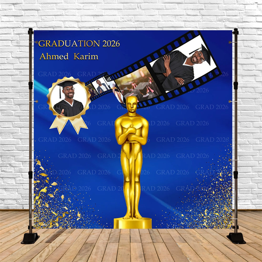Individueller Abschlusshintergrund: Blau-Gold-Trophäe, Filmstreifen – Hintergrund für Abschlussfeier RR63-24