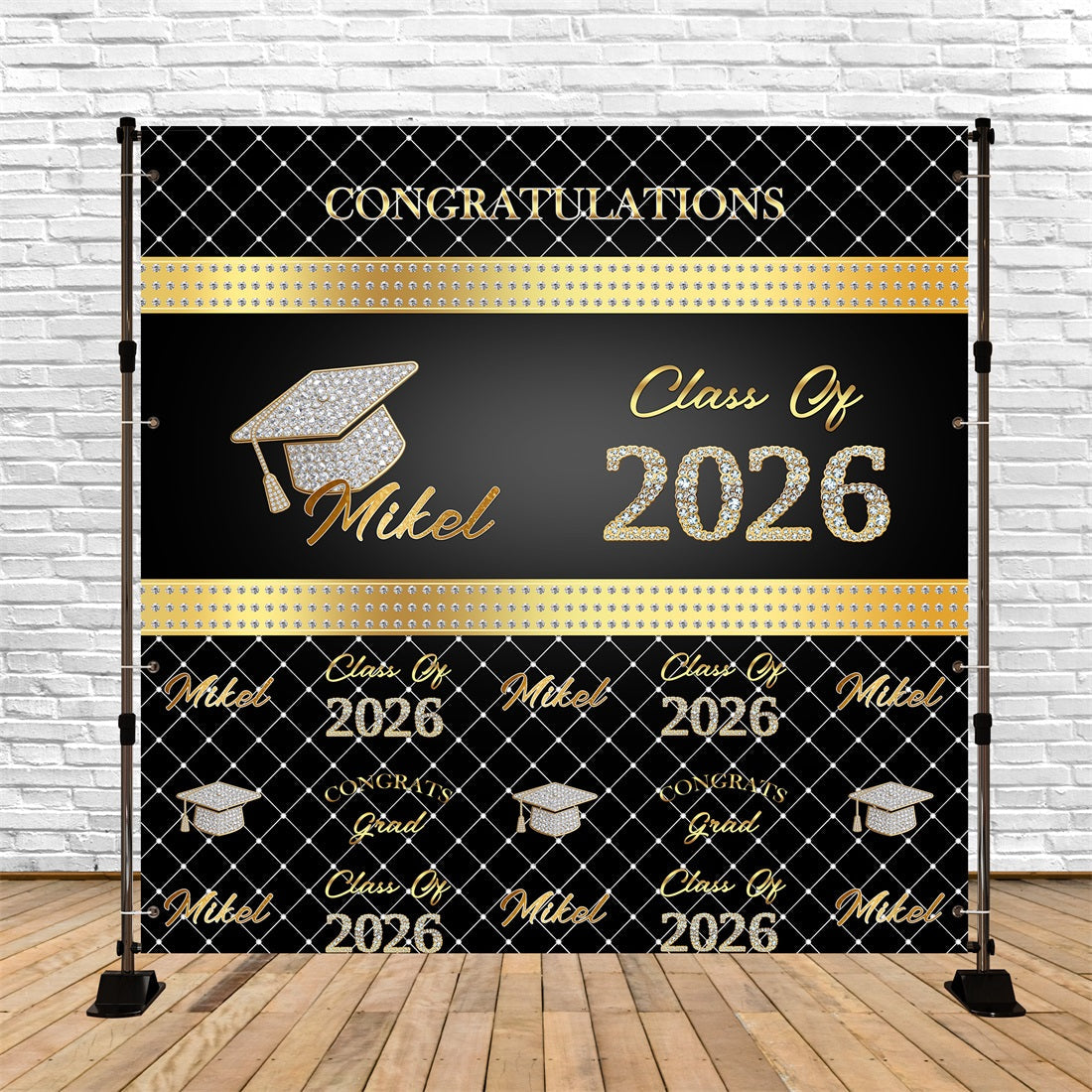 Individuelle Abschlussfeier-Kulisse Schwarz-Gold-Rautenmuster Abschlussfeier-Kulisse „Class of 2026“ RR63-27
