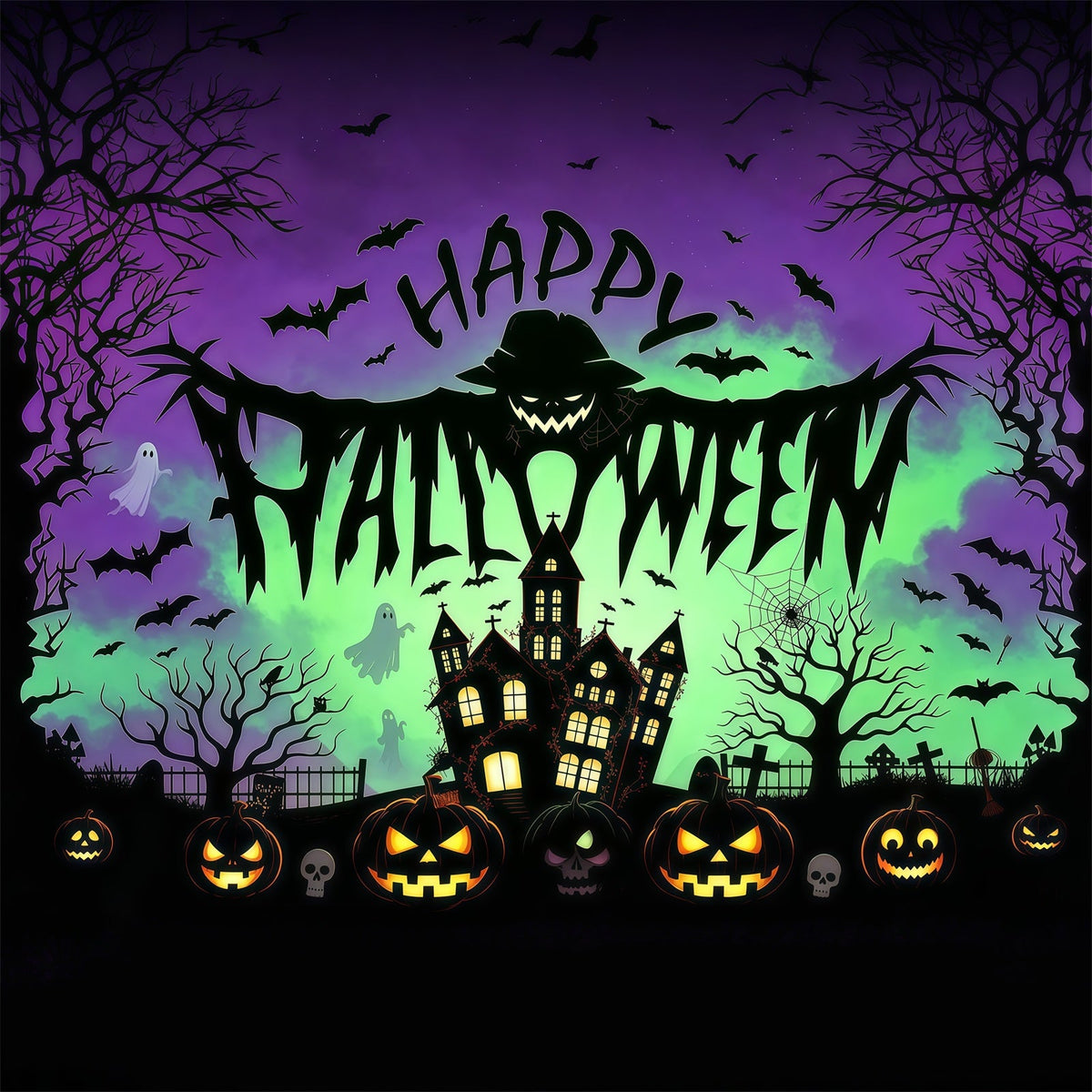 Halloween-Party-FotohintergrundVogelscheuche Spukhaus Kürbisse Halloween-Hintergrund RR67-1