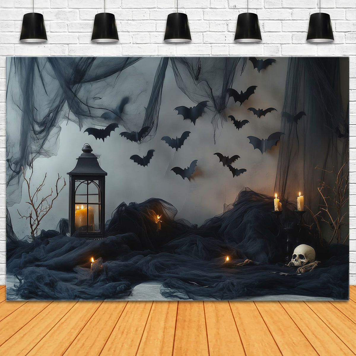Halloween-Fotohintergrund Mit Dunkler Fledermaus Kerzen Und Vorhängen Diy-Halloween-Fotohintergrund RR67-100
