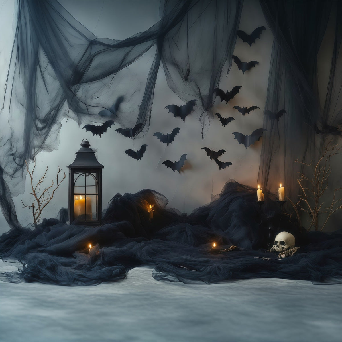 Halloween-Fotohintergrund Mit Dunkler Fledermaus Kerzen Und Vorhängen Diy-Halloween-Fotohintergrund RR67-100