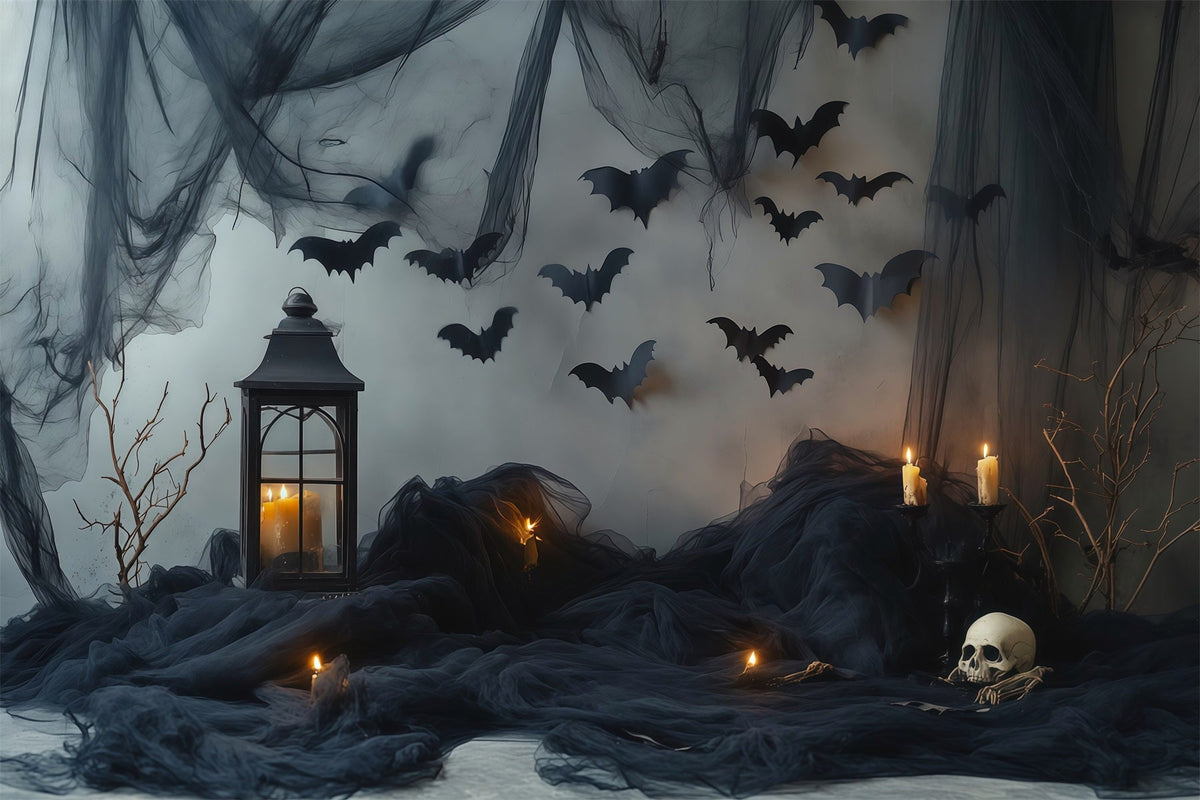 Halloween-Fotohintergrund Mit Dunkler Fledermaus Kerzen Und Vorhängen Diy-Halloween-Fotohintergrund RR67-100