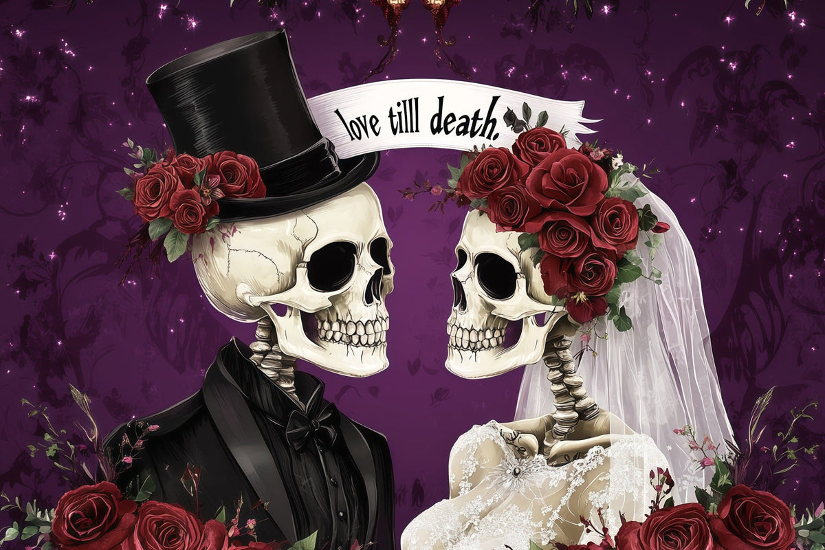 Halloween-Hochzeitshintergrund Mit Skelettpaaren Und Rosenpaar Halloween-Fotohintergrund RR67-103