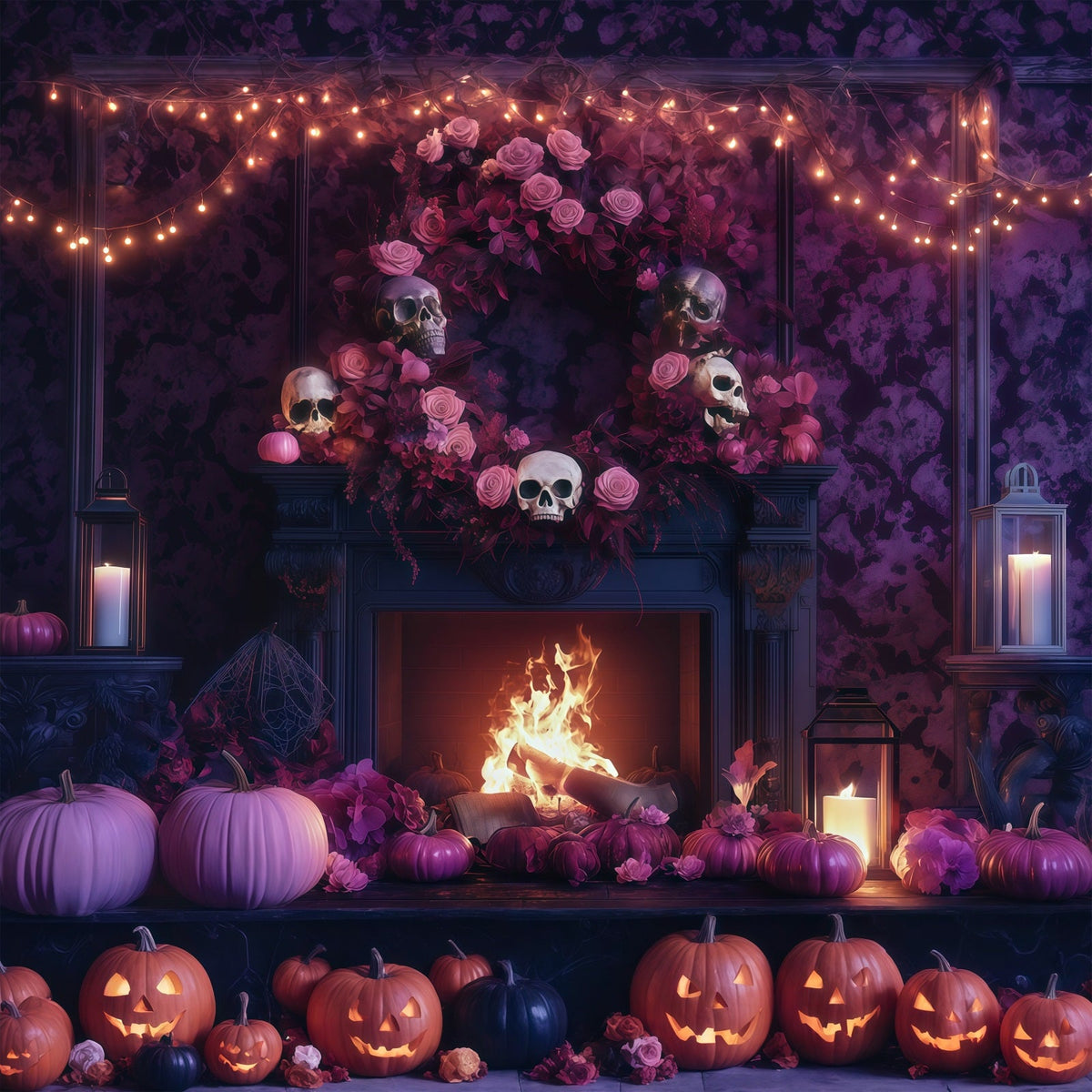 Halloween-Fotohintergrund Mit Totenkopf Rose Und Kaminsims RR67-104