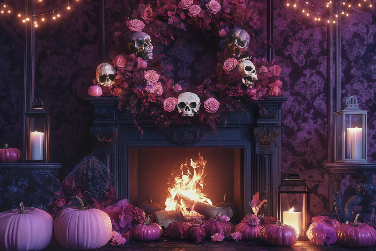 Halloween-Fotohintergrund Mit Totenkopf Rose Und Kaminsims RR67-104