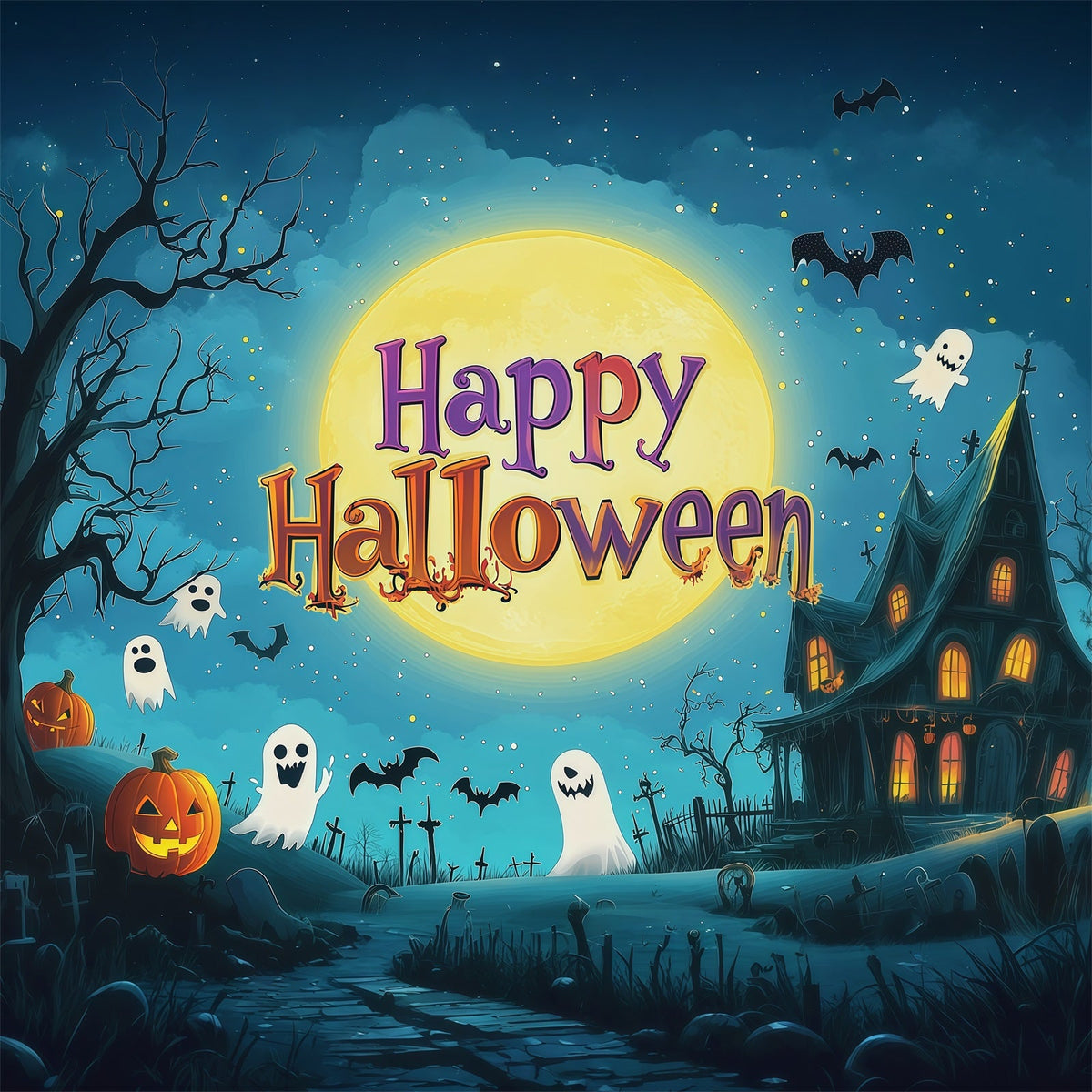 Halloween-Party-Hintergründe Cartoon-Mond-Geisterhaus Halloween-Fotokabinen-Hintergrund RR67-107