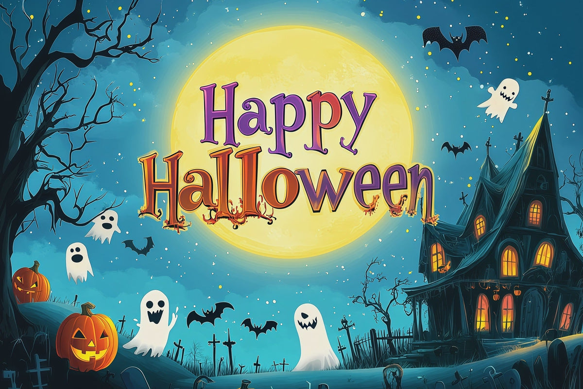 Halloween-Party-Hintergründe Cartoon-Mond-Geisterhaus Halloween-Fotokabinen-Hintergrund RR67-107