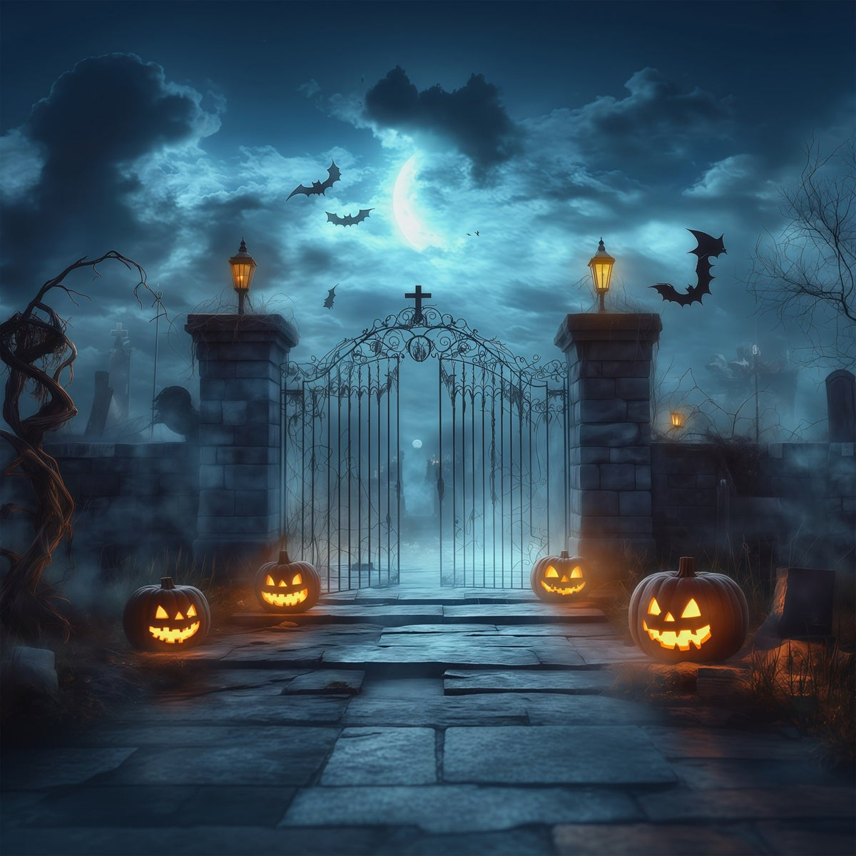 Halloween-Fotohintergrund Im FreienNebliges Friedhofstor Kürbisse RR67-11