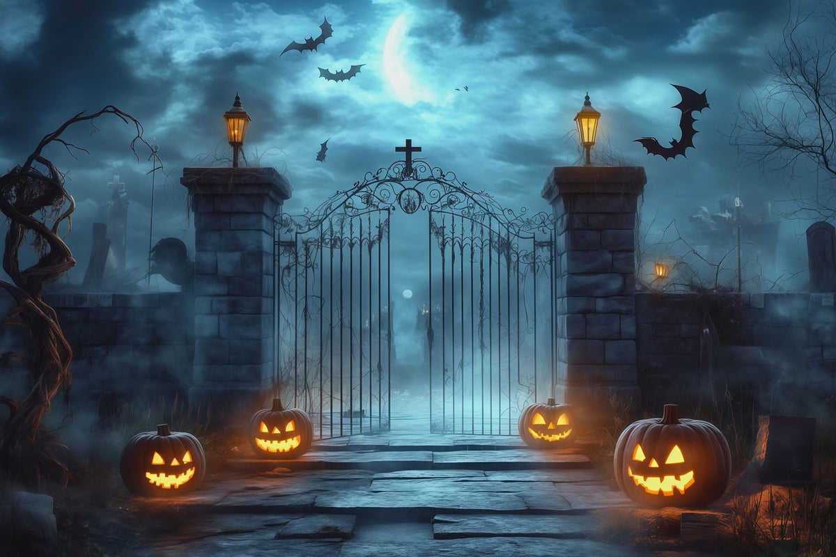 Halloween-Fotohintergrund Im FreienNebliges Friedhofstor Kürbisse RR67-11