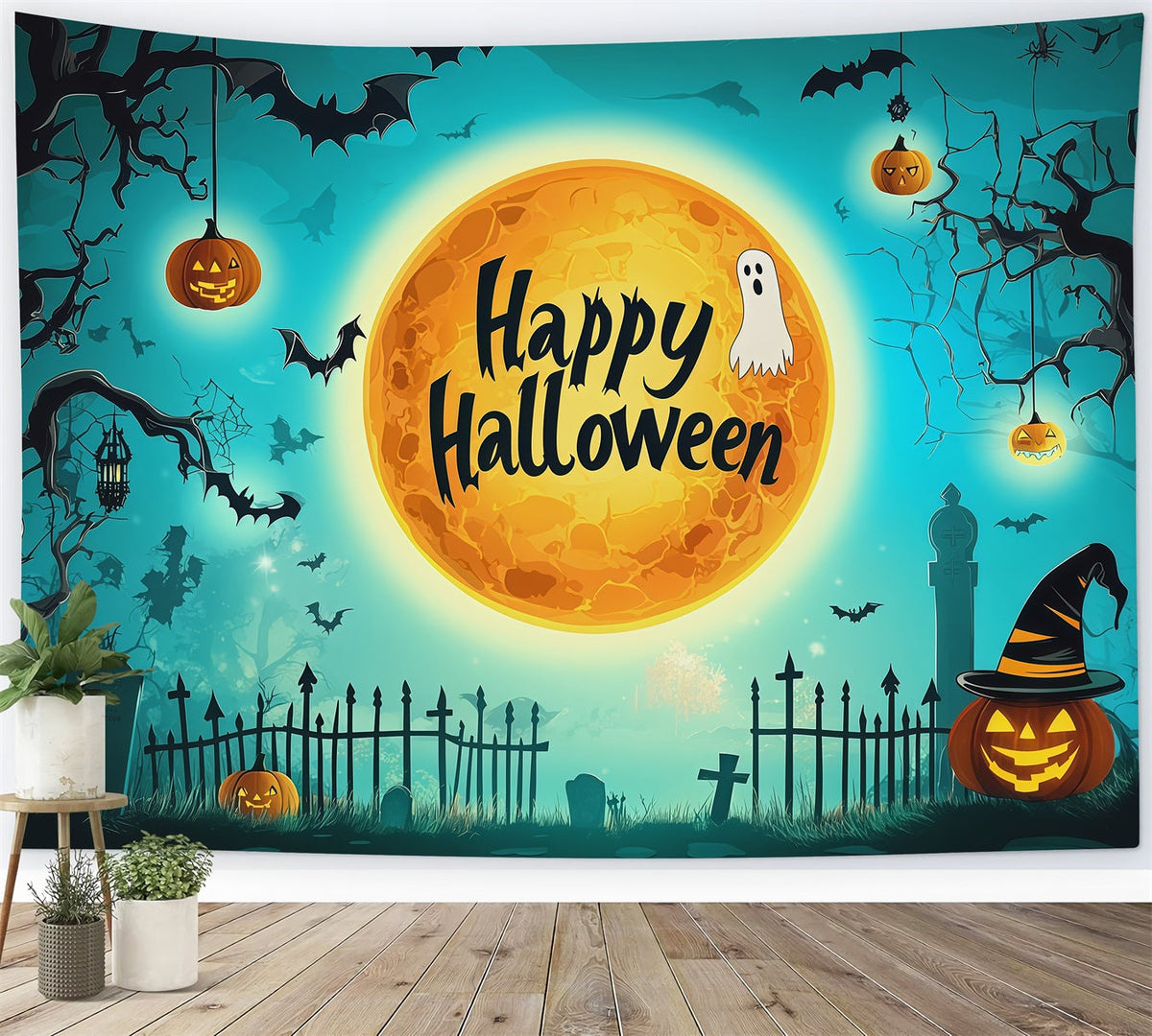 Halloween-Hintergrundfoto Türkisfarbener Mond Friedhof Silhouette Halloween-Party Hintergrund RR67-110