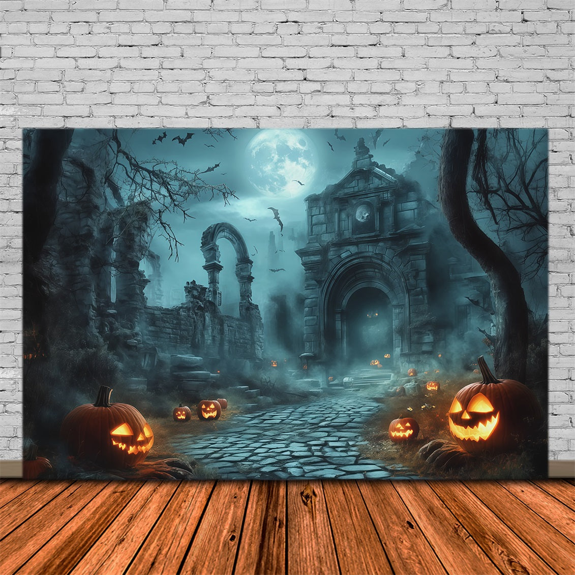 Halloween-Fotohintergrund Im FreienMondbeschienene Ruinen Kürbisweg Halloween-Hintergründe Für Fotos RR67-111