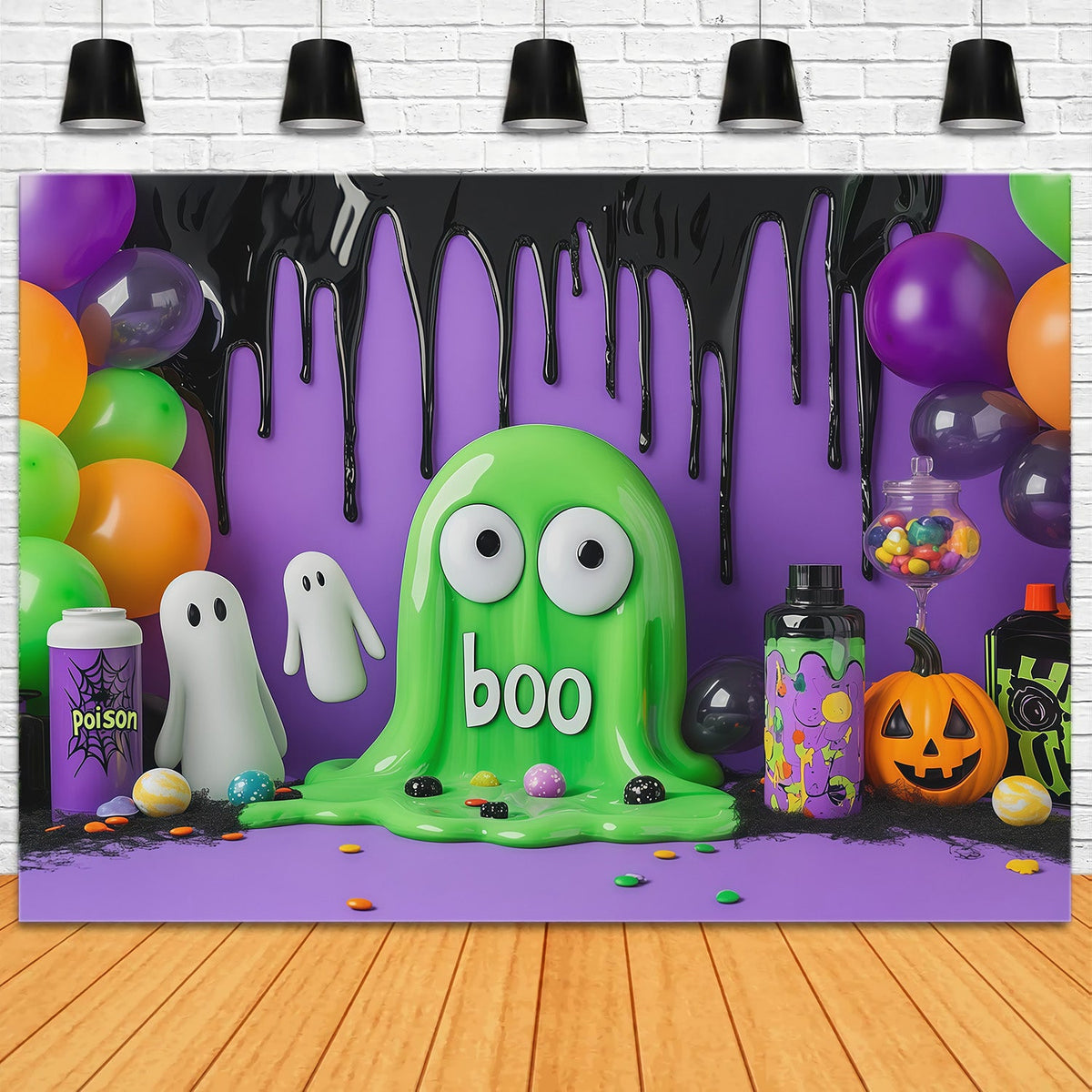 Niedliche Halloween-FotohintergrundkulisseGrüner Schleimgeist Partyhintergrund Halloween RR67-113