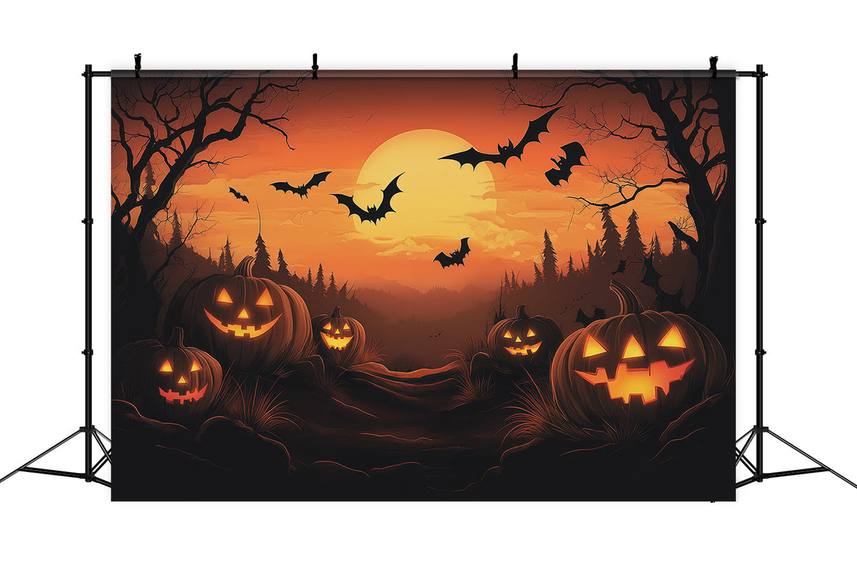 Halloween-Fotohintergrund-IdeenSonnenuntergang Kürbis Fledermaus Wald Halloween-Fotohintergrund RR67-115