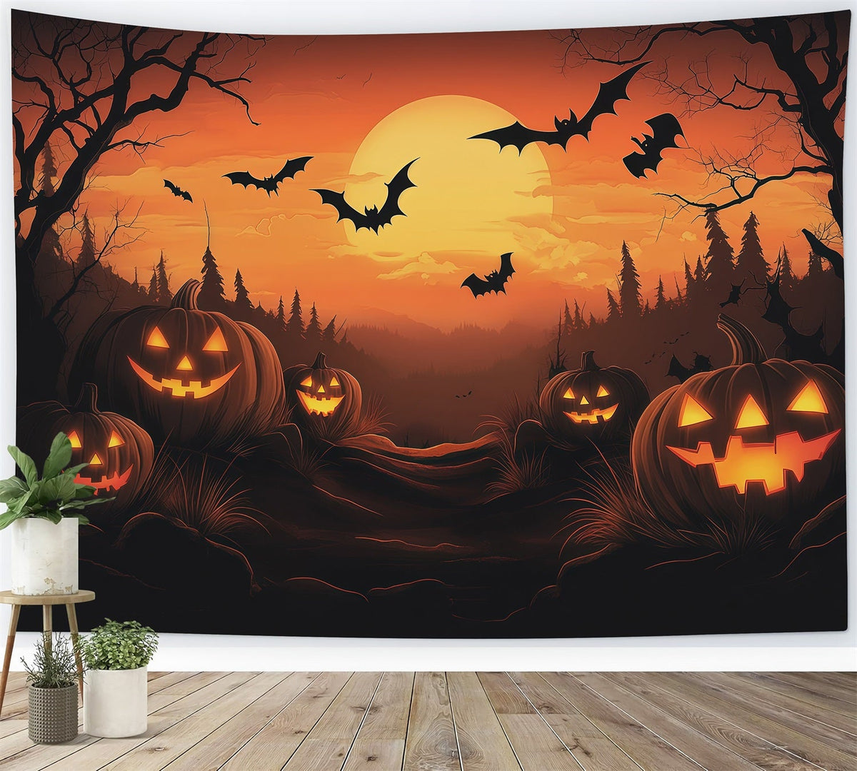 Halloween-Fotohintergrund-IdeenSonnenuntergang Kürbis Fledermaus Wald Halloween-Fotohintergrund RR67-115