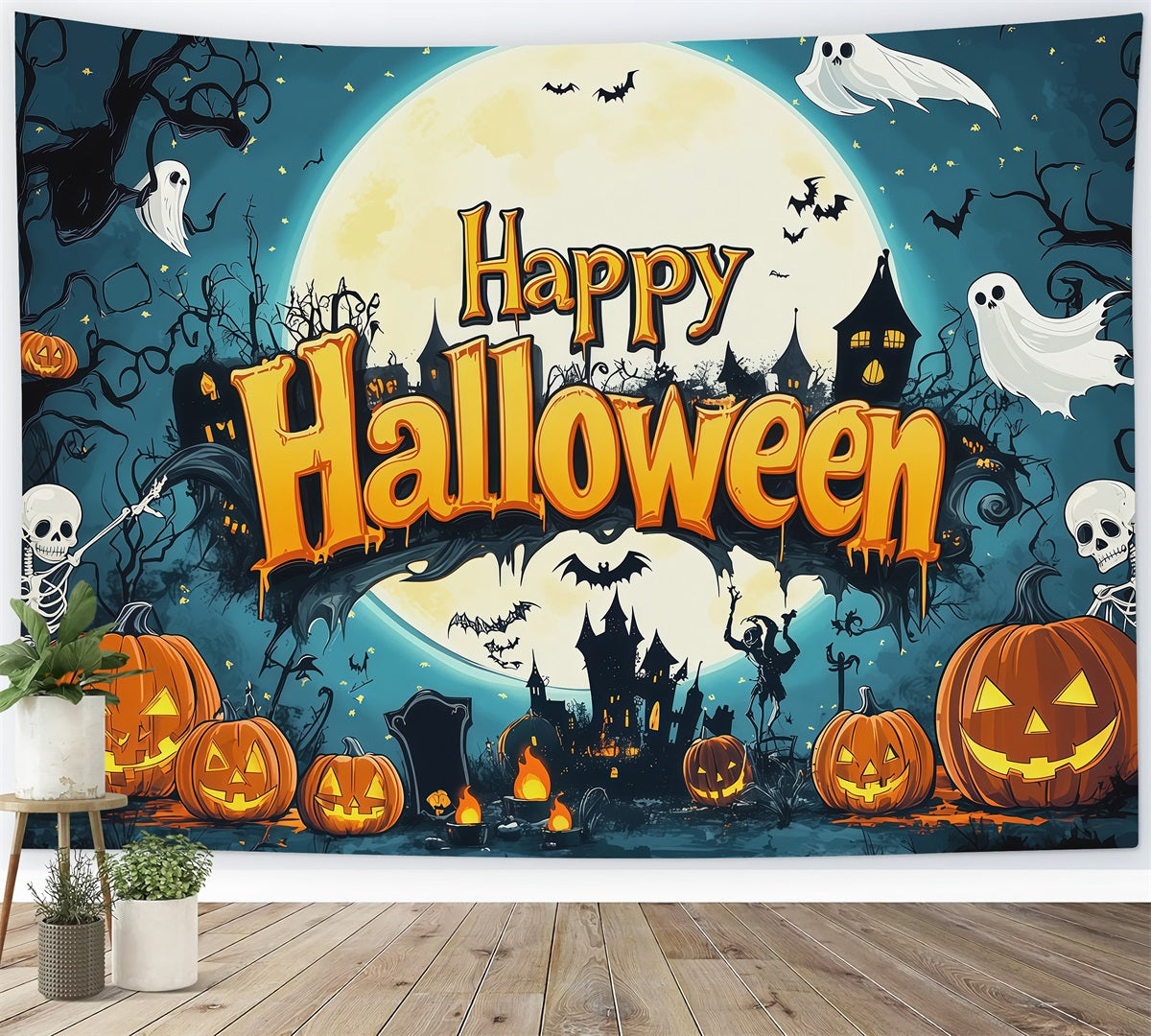 Halloween-Fotohintergrund Mit Skelett- Kürbis- Und Mondmotiven Für Partys RR67-120