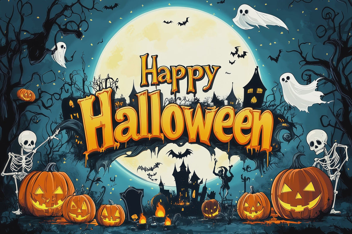 Halloween-Fotohintergrund Mit Skelett- Kürbis- Und Mondmotiven Für Partys RR67-120