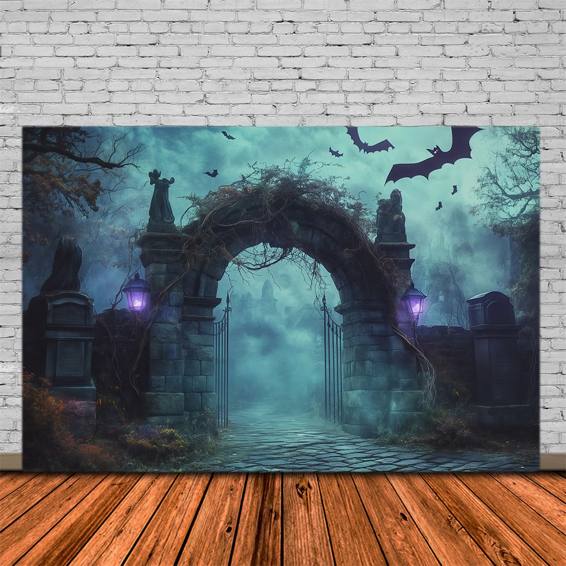 Halloween-Fotohintergrund Im FreienNebeliger Friedhofs-Steinbogen RR67-121