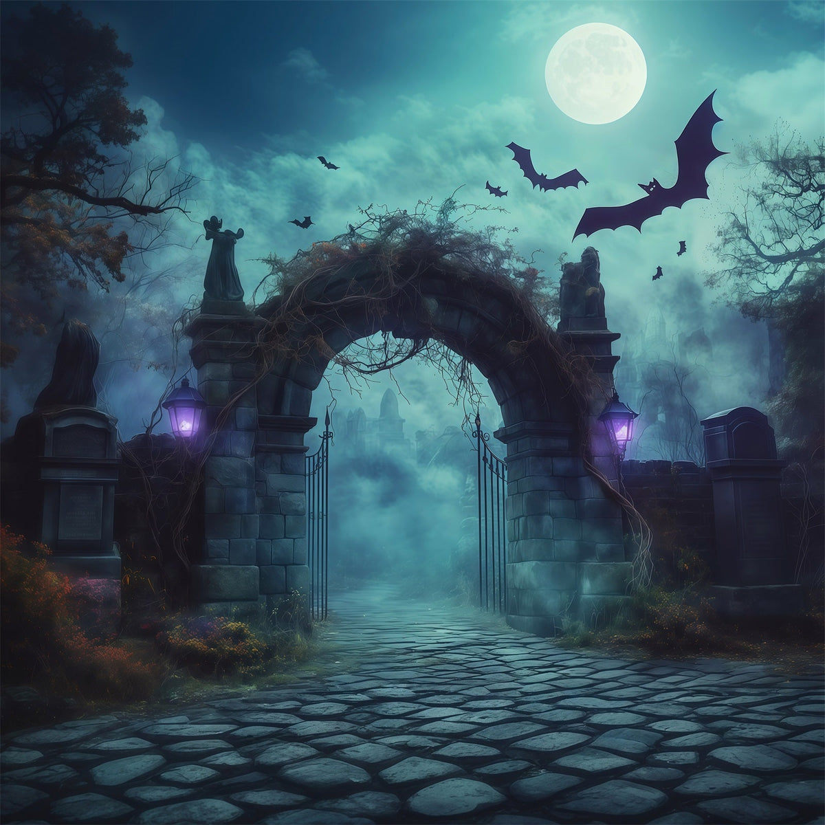 Halloween-Fotohintergrund Im FreienNebeliger Friedhofs-Steinbogen RR67-121