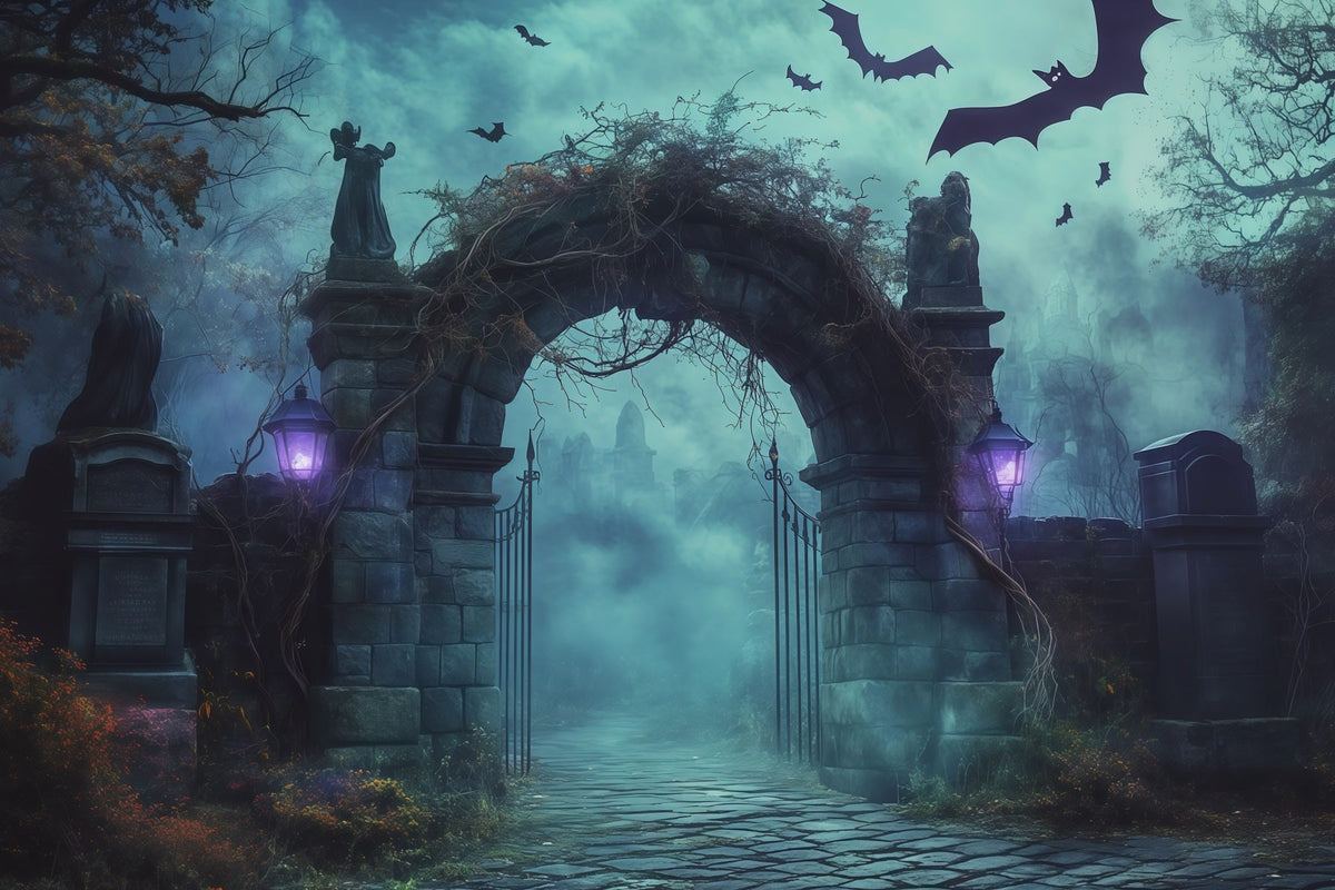 Halloween-Fotohintergrund Im FreienNebeliger Friedhofs-Steinbogen RR67-121