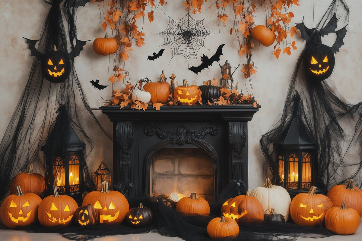Halloween-Fotohintergrund Mit Kürbis Fledermaus Und Kamin RR67-133
