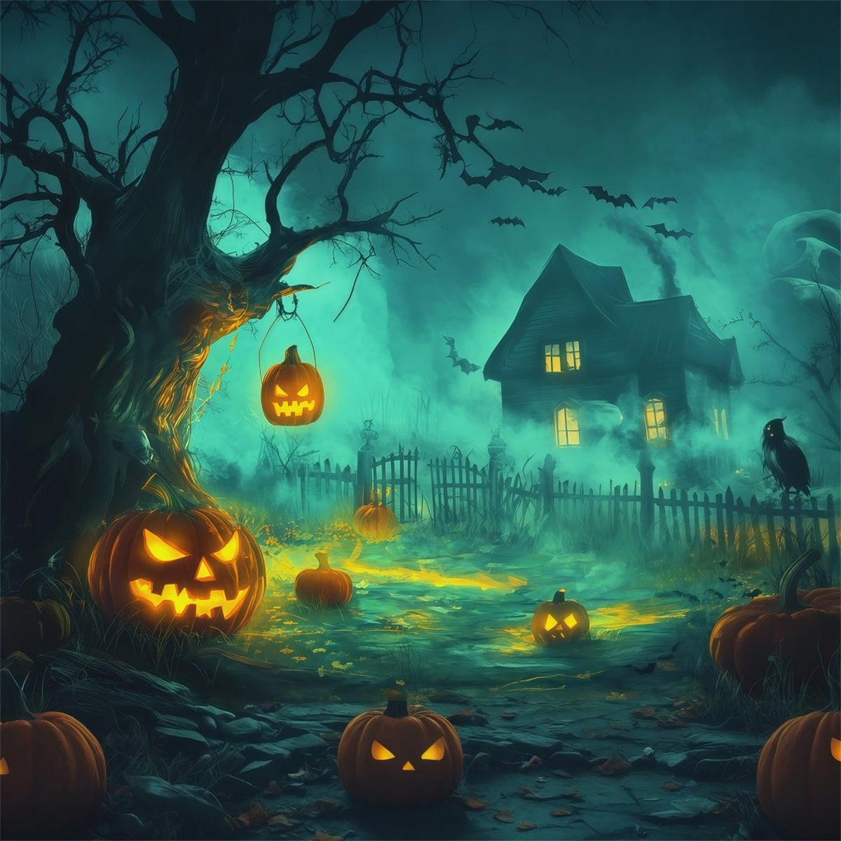 Halloween-HintergrundfotografieNebliger Kürbis Spukhaus Gruseliger Halloween-Hintergrund RR67-141