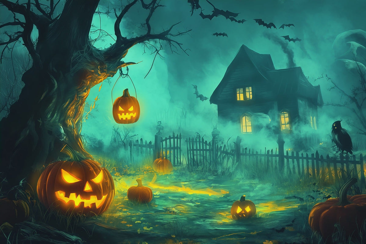 Halloween-HintergrundfotografieNebliger Kürbis Spukhaus Gruseliger Halloween-Hintergrund RR67-141