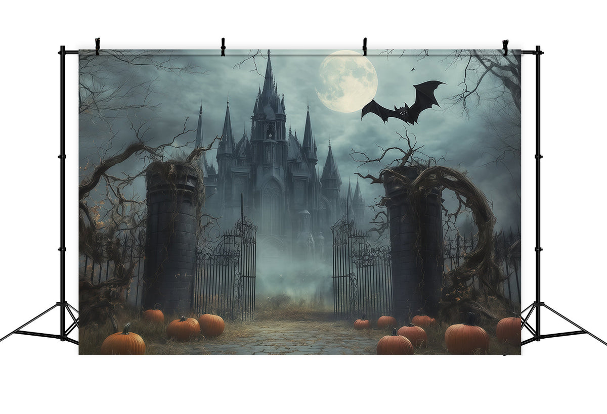 Gruselige Halloween-FotohintergründeNebliger Mondbeschienener Gotischer Torbogen Fröhlicher Halloween-Hintergrund RR67-146