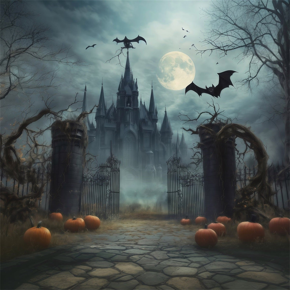 Gruselige Halloween-FotohintergründeNebliger Mondbeschienener Gotischer Torbogen Fröhlicher Halloween-Hintergrund RR67-146