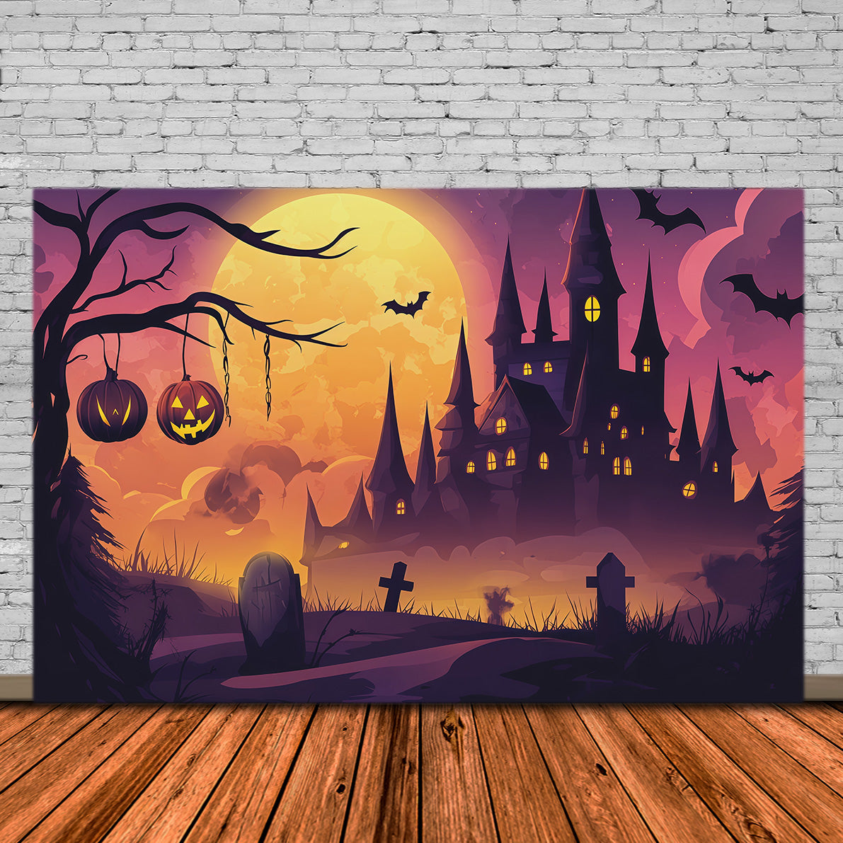 Einfacher Halloween-Hintergrund Mondbeschienener Kürbis Burg Friedhof Extra Großer Halloween-Hintergrund RR67-147