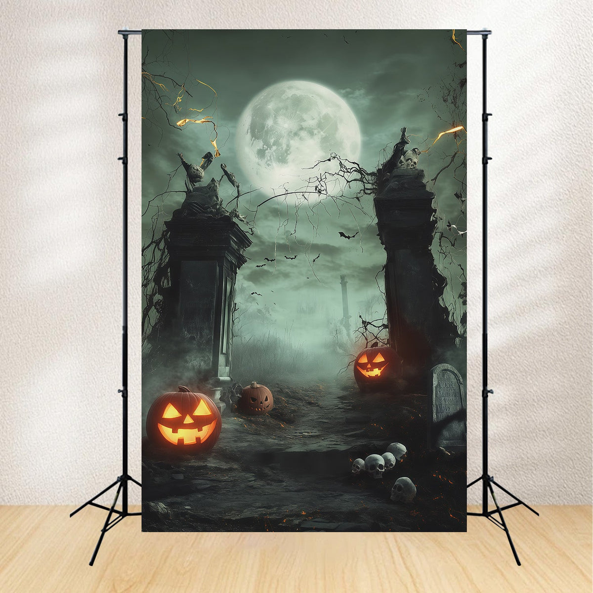 Halloween-HintergrundkulisseMondbeschienener Totenkopf Kürbis Tor Halloween-Hintergrundideen RR67-154