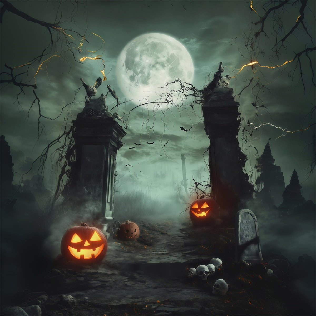 Halloween-HintergrundkulisseMondbeschienener Totenkopf Kürbis Tor Halloween-Hintergrundideen RR67-154
