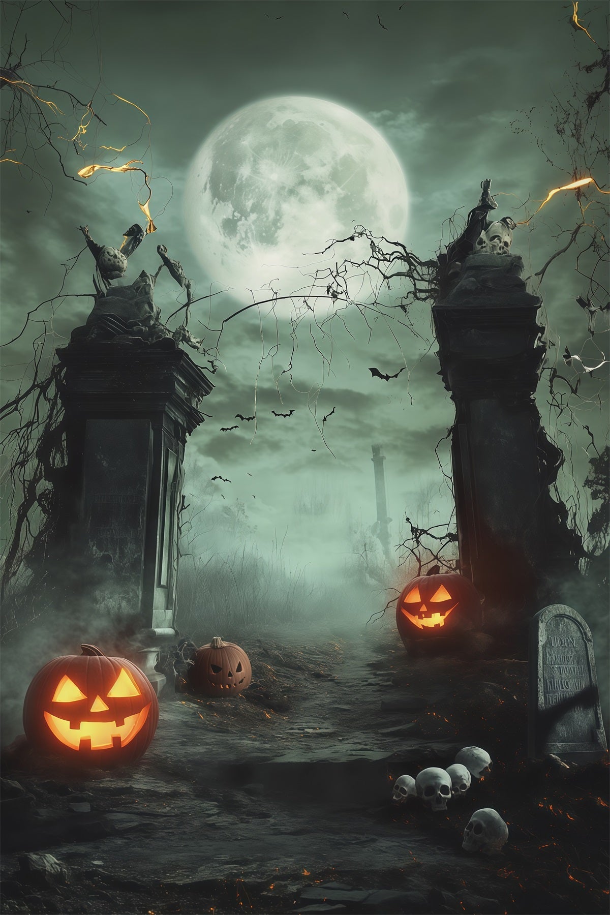 Halloween-HintergrundkulisseMondbeschienener Totenkopf Kürbis Tor Halloween-Hintergrundideen RR67-154