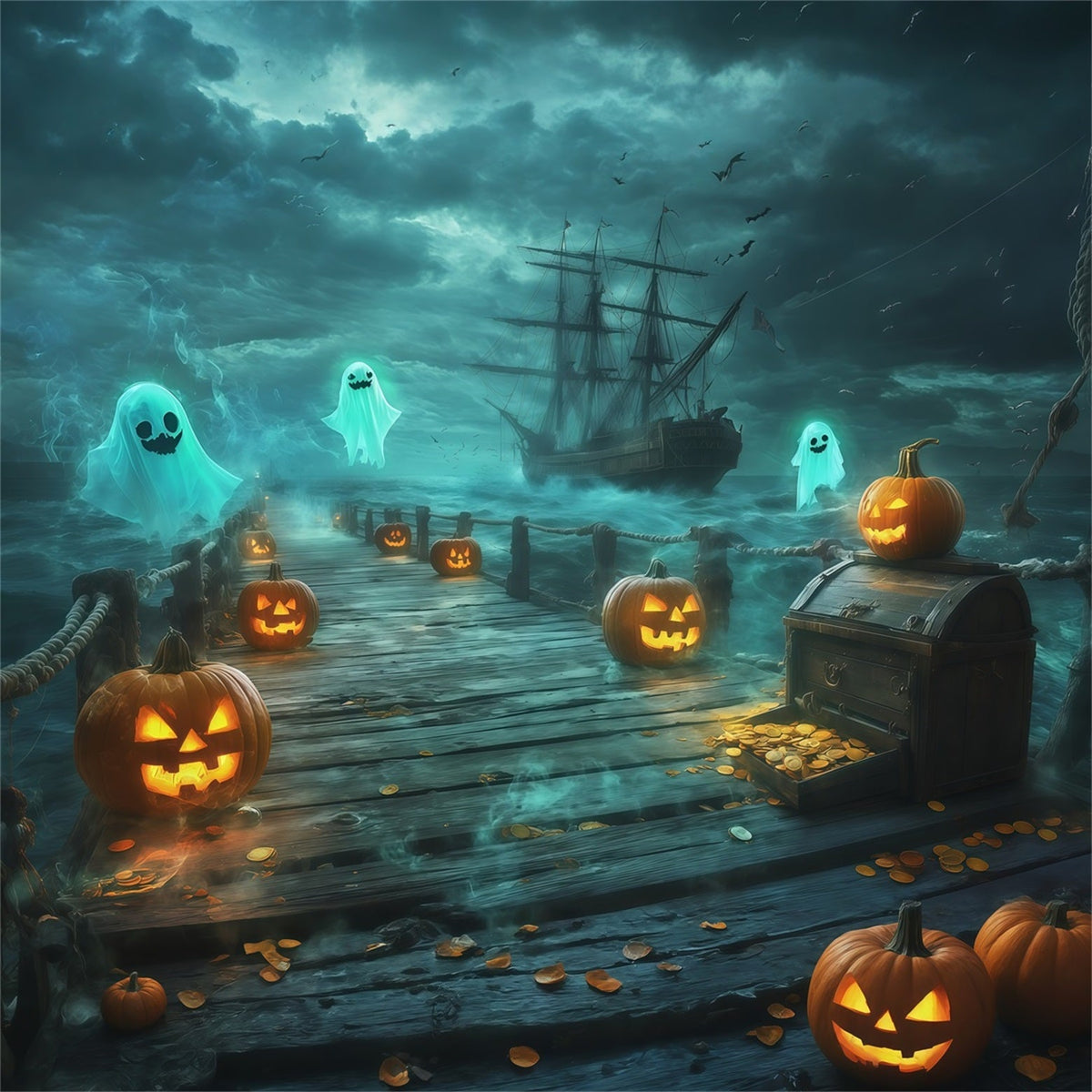 Halloween-Piraten-Kulisse Geisterpirat Kürbis Hafen Niedliche Halloween-Kulissen RR67-173