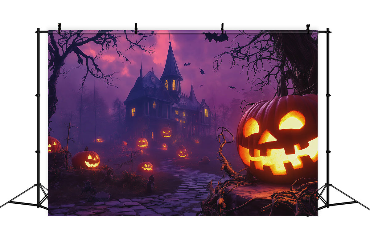 Kürbisse Als Hintergrund Lila Himmel Spukhaus Halloween-Hintergrund Foto RR67-176