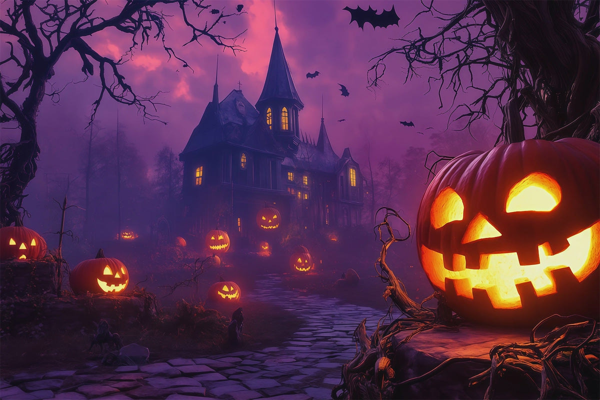 Kürbisse Als Hintergrund Lila Himmel Spukhaus Halloween-Hintergrund Foto RR67-176